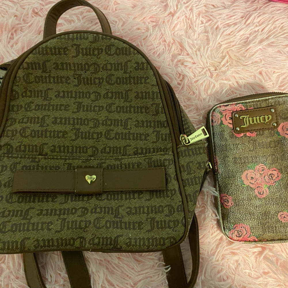 SOLD—Juicy Couture Women Small Backpack & Makeup Bag Brown Missing Juicy Logo